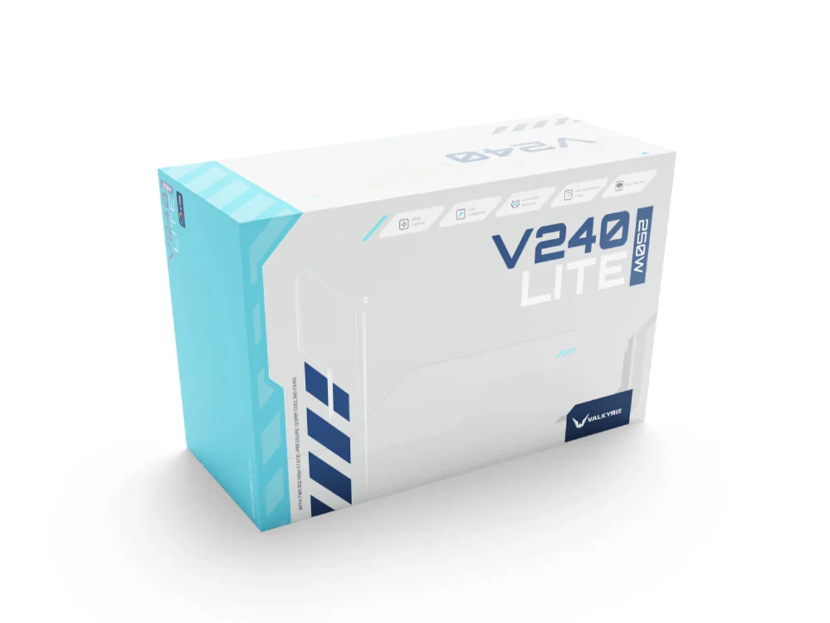 Opakowanie produktu z napisem \'V240 LITE 250W\' oraz logo \'VALKYRIE\'. Kolorystyka opakowania jest biało-niebieska z graficznymi elementami.