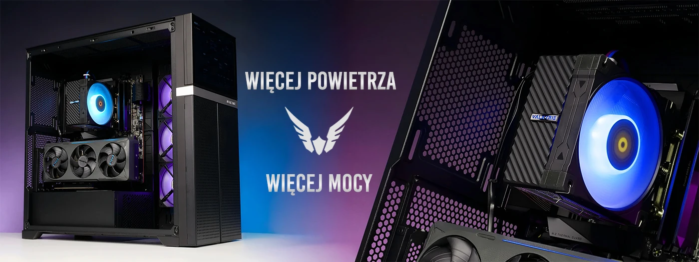 Obraz przedstawia wnętrze komputera z podświetlonym na niebiesko chłodzeniem wodnym. Na środku widoczny jest tekst: \'WIĘCEJ POWIETRZA WIĘCEJ MOCY\' oraz logo w kształcie skrzydeł.
