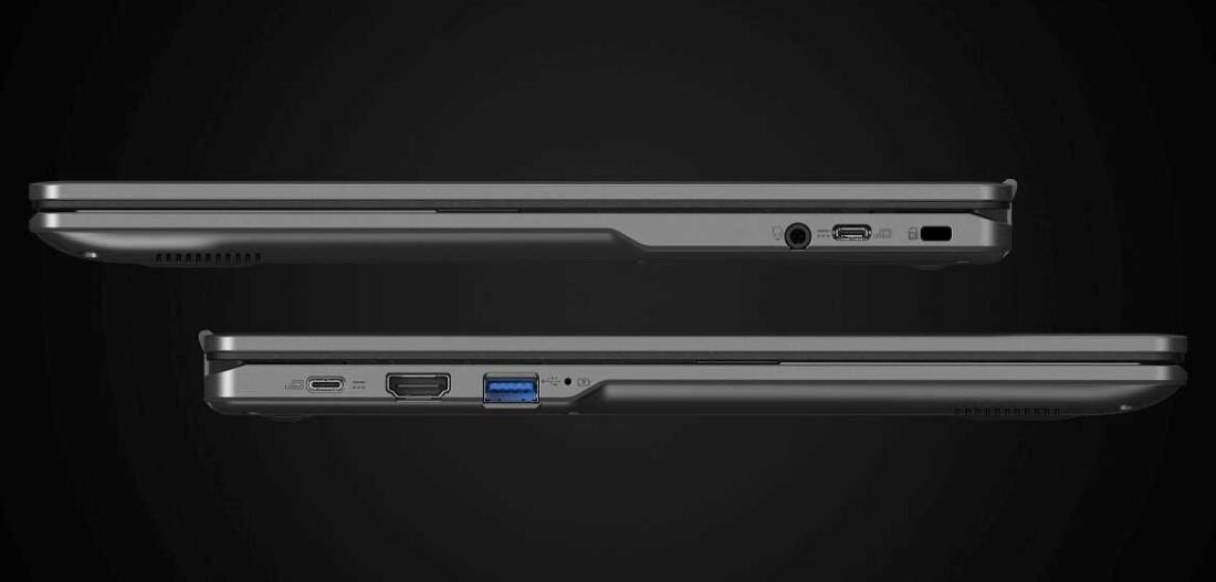 Obrazek przedstawia dwa laptopy, każdy z portem USB umieszczonym po boku. - Wi-Fi 6E, USB 3.2 Gen 2 Type-C, USB 3.2 Gen 2 Type-A oraz HDMI
