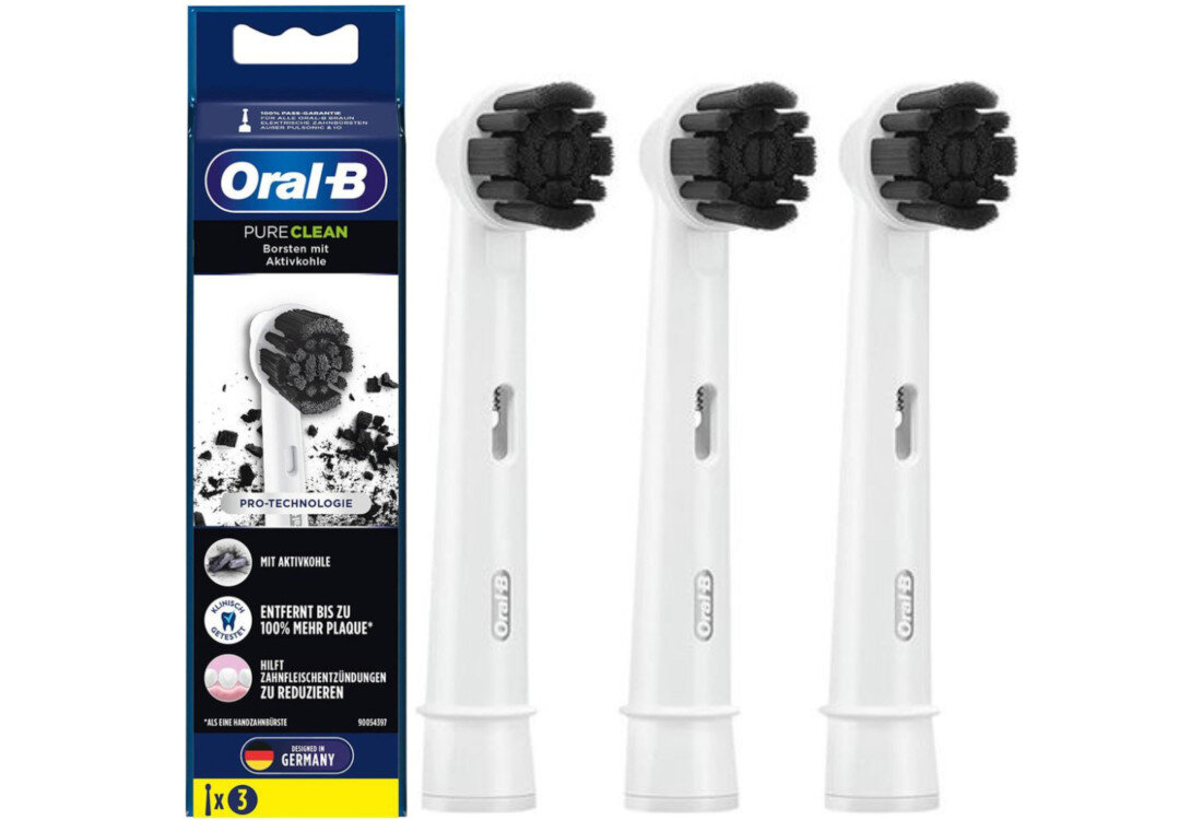 Oryginalna końcówka szczoteczki ORAL-B Pure Clean Active Carbon (3 szt.) (Włókna pokryte aktywnym węglem) Biały wygląd design prezentacja wizualizacja Czyszczenie jamy ustnej