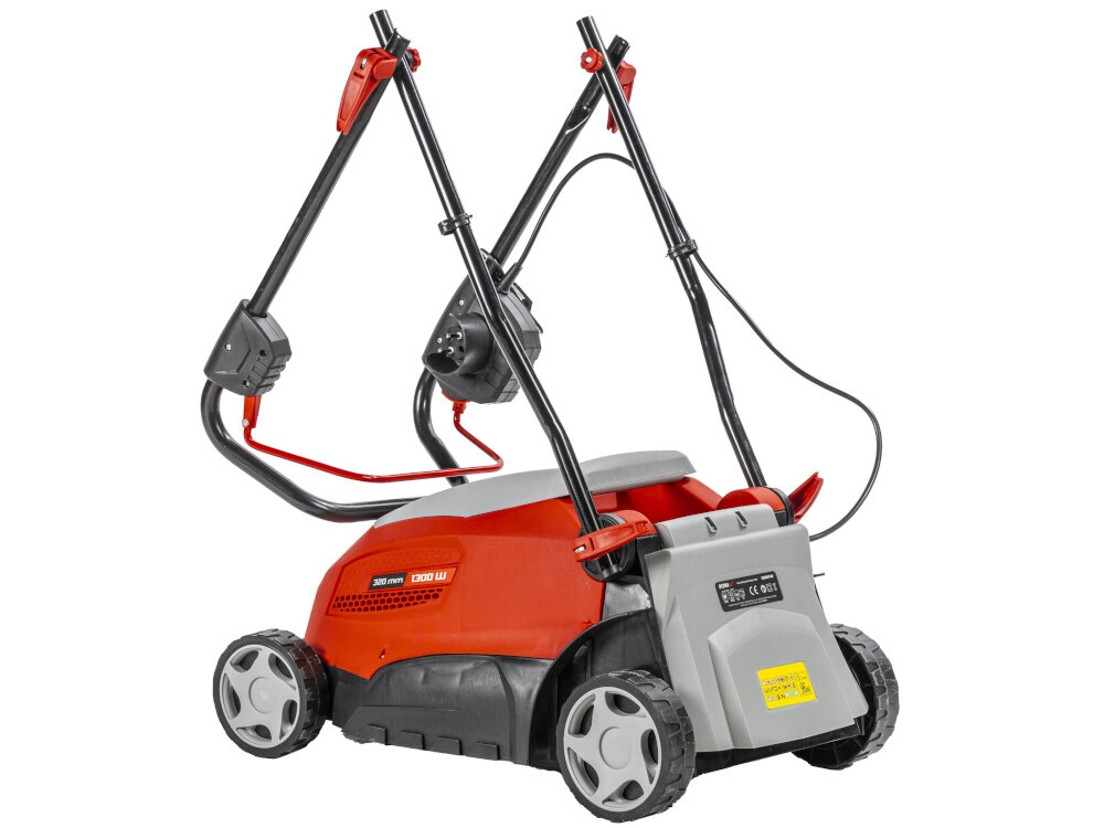 Kosiarka elektryczna DEDRA DED8740 1300W 320mm kosiarka na białym tle bez kosza ze złożonym uchwytem regulacja wysokości uchwytu dopasowanie urządzenia do wzrostu operatora składana rączka łatwe przechowywanie