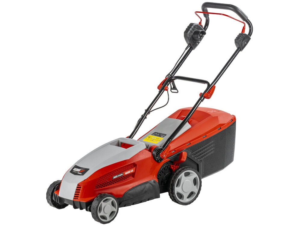 Kosiarka elektryczna DEDRA DED8741 1600W 360mm kosiarka na białym tle widoczna od przodu pod skosem do regularnej pielęgnacji trawnika do pracy na równych terenach i lekko nachylonych zboczach zasilanie elektryczne cicha praca 93 dB bez emisji spalin