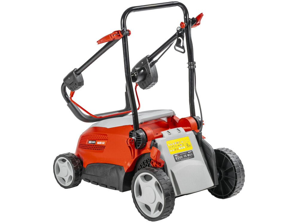 Kosiarka elektryczna DEDRA DED8741 1600W 360mm kosiarka na białym tle bez kosza ze złożonym uchwytem regulacja wysokości uchwytu dopasowanie urządzenia do wzrostu operatora uchwyt pokryto miękką okładziną komfort pracy składana rączka łatwe przechowywanie