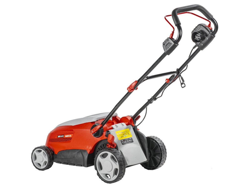 Kosiarka elektryczna DEDRA DED8741 1600W 360mm kosiarka bez kosza widoczna od tyłu pod skosem waga 15,5 kg średnica kół przód 14 cm tył 19,8 cm łatwa do manewrowania nie wymaga dużego wysiłku fizycznego