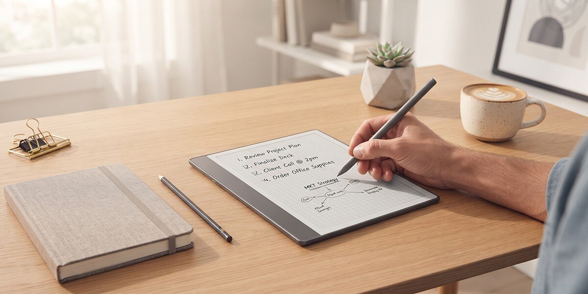 Na drewnianym stole leży czytnik e-booków z wyświetlonym tekstem: \'1. Review Project Plan 2. Submit Deck to Team 3. Contact CE 4. Order Office Supplies\'. Obok znajduje się zamknięty notes, a w tle widać małą roślinę w doniczce.