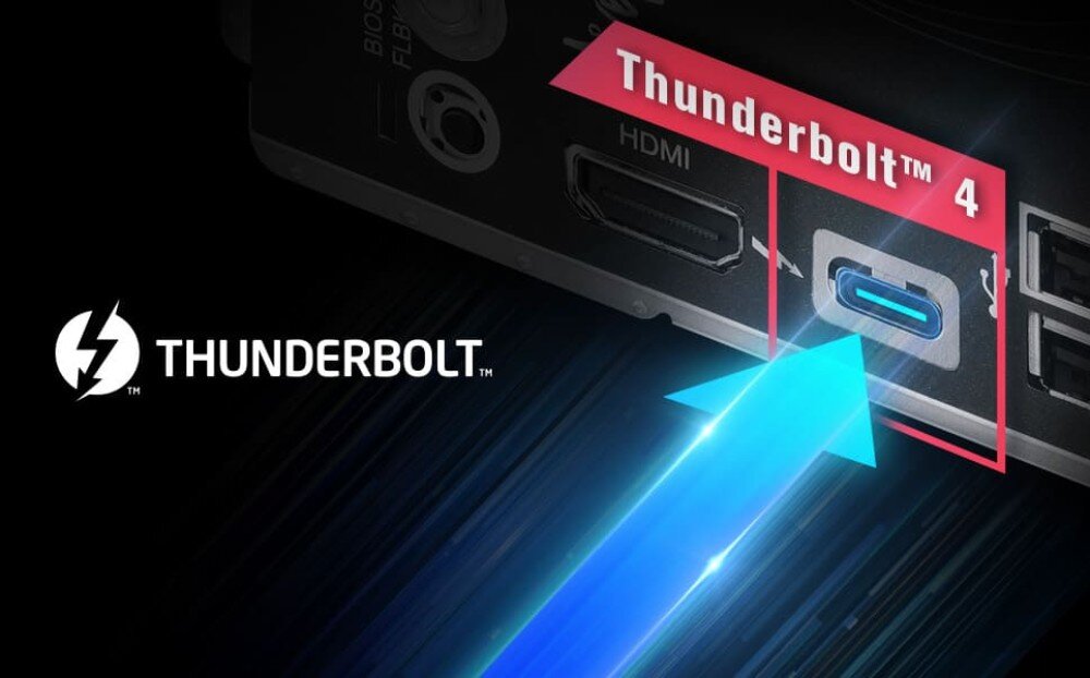 Płyta główna ASROCK B860 LiveMixer WiFi Zbliżenie na złącze USB-C z opisem technologii Thunderbolt na tylnym panelu