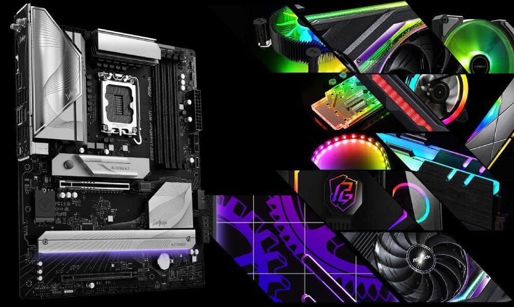 Płyta główna ASROCK B860 LiveMixer WiFi Płyta główna na tle kolażu zdjęć podświetlonych komponentów komputerowych