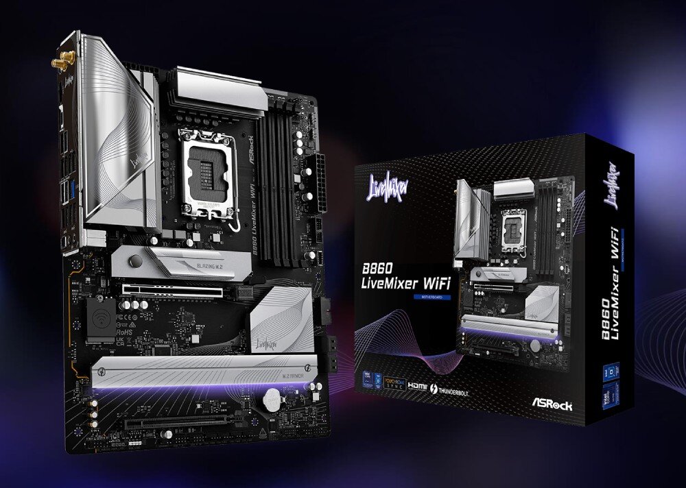 Płyta główna ASROCK B860 LiveMixer WiFi Płyta główna stojąca pionowo obok swojego pudełka z logo serii