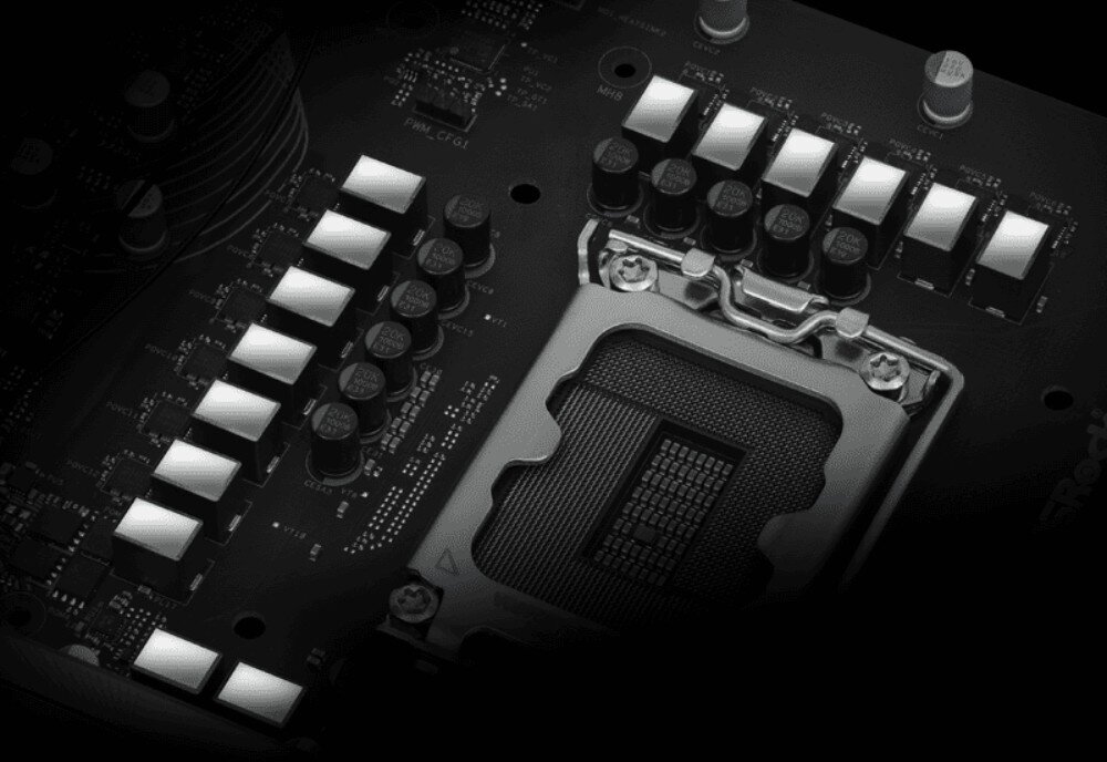 Płyta główna ASROCK B860 LiveMixer WiFi Czarno-białe zbliżenie na kondensatory sekcji zasilania wokół gniazda CPU