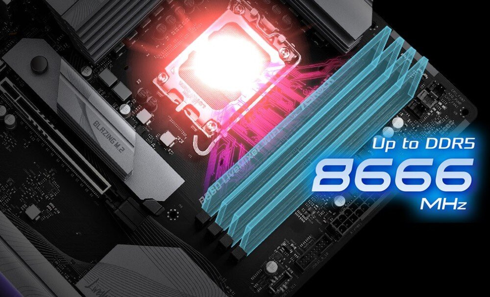 Płyta główna ASROCK B860 LiveMixer WiFi Wizualizacja gniazda procesora i pamięci RAM z napisem o wysokiej prędkości