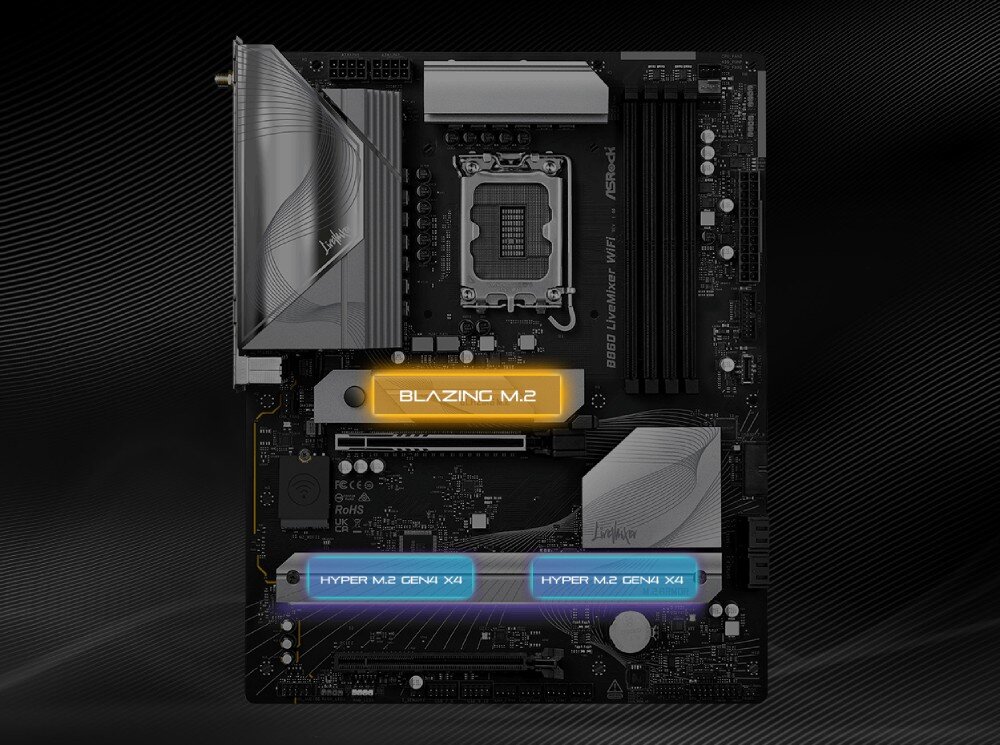 Płyta główna ASROCK B860 LiveMixer WiFi Płyta główna z zaznaczonymi kolorami gniazdami na dyski SSD różnych generacji