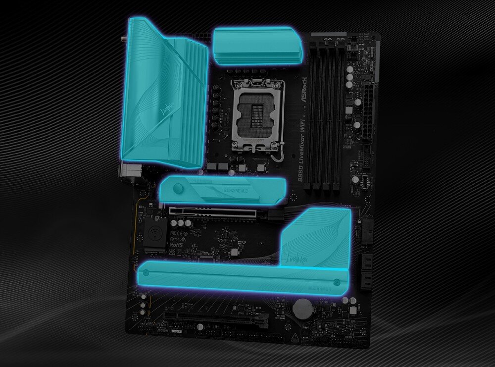Płyta główna ASROCK B860 LiveMixer WiFi Płyta główna z turkusowym obrysem wskazującym elementy układu chłodzenia