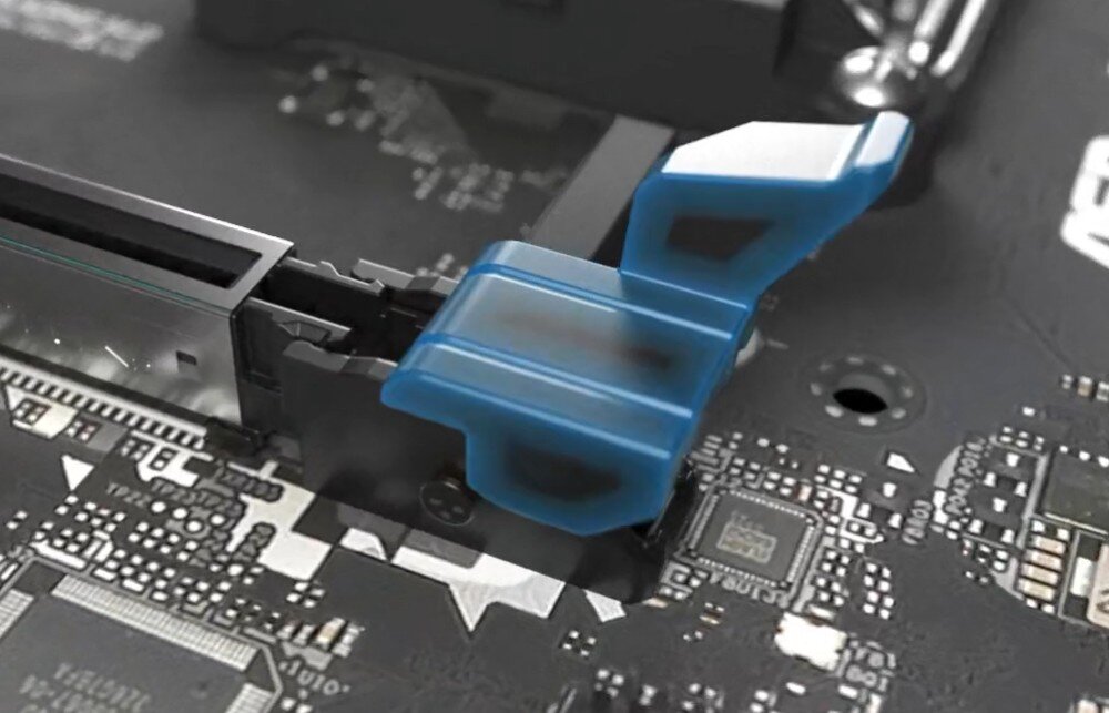 Płyta główna ASROCK B860 LiveMixer WiFi Zbliżenie na niebieski mechanizm zwalniający blokadę w slocie karty rozszerzeń