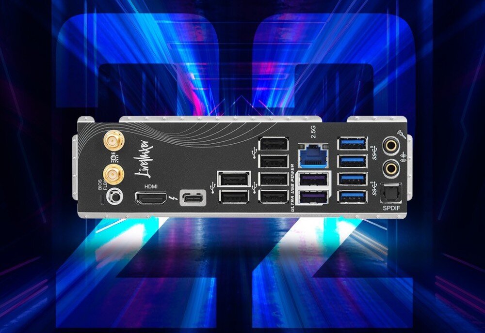 Płyta główna ASROCK B860 LiveMixer WiFi Tylny panel płyty głównej wyposażony w rzędy portów USB i złącza audio