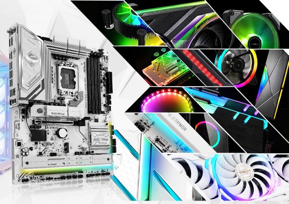 Płyta główna ASROCK B860 Steel Legend WiFi Kolaż zdjęć prezentujący różne podzespoły komputerowe takie jak wentylatory i pamięci RAM z włączonym wielokolorowym podświetleniem RGB