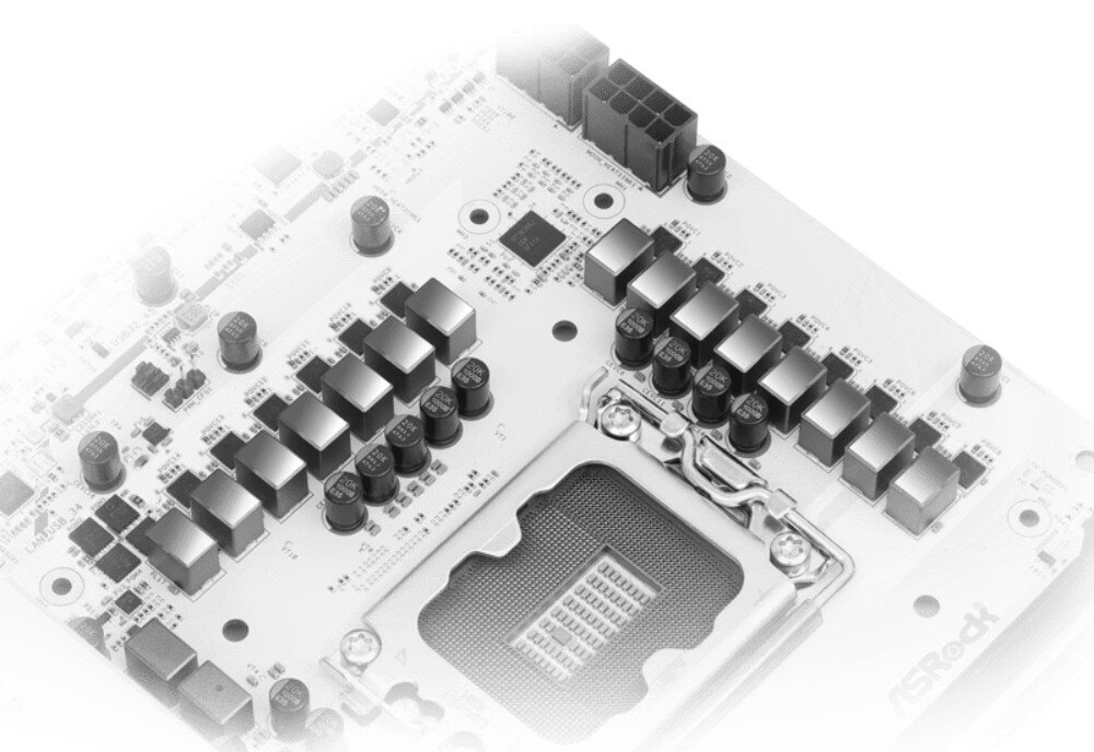 Płyta główna ASROCK B860 Steel Legend WiFi Zbliżenie na czarno-szare komponenty sekcji zasilania i kondensatory umieszczone wokół gniazda procesora na białym laminacie