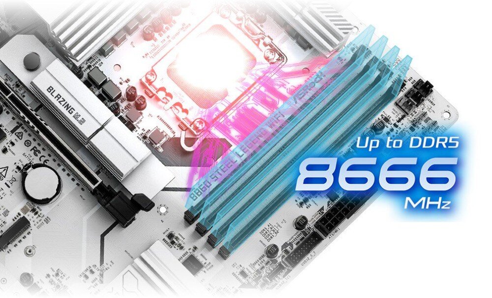 Płyta główna ASROCK B860 Steel Legend WiFi Zbliżenie na cztery sloty pamięci RAM z nałożoną niebieską grafiką informującą o obsłudze standardu DDR5 z prędkością do 8666 MHz