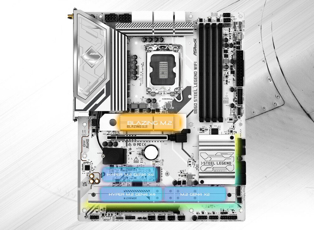Płyta główna ASROCK B860 Steel Legend WiFi Płyta główna z oznaczonymi kolorami lokalizacjami gniazd M.2 gdzie kolor pomarańczowy i niebieski wskazują różne standardy prędkości
