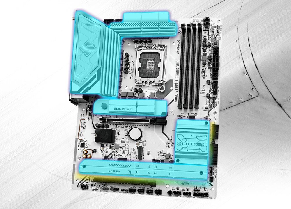 Płyta główna ASROCK B860 Steel Legend WiFi Płyta główna z turkusowym podświetleniem wskazującym rozmieszczenie aluminiowych radiatorów chłodzących sekcję zasilania i dyski