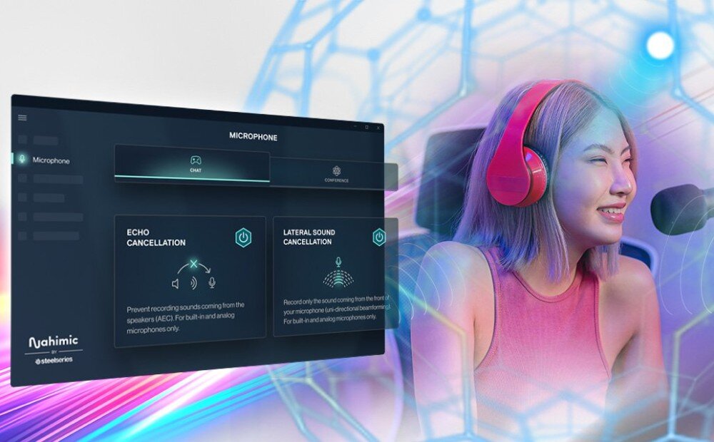 Płyta główna ASROCK B860 Steel Legend WiFi Wizualizacja technologii audio przedstawiająca osobę w różowych słuchawkach obok panelu sterowania mikrofonem i redukcją szumów