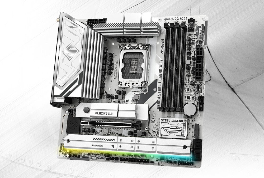 Płyta główna ASROCK B860M Steel Legend WiFi Widok płyty głównej w kolorze srebrno-czarnym z oznaczeniami sekcji zasilania, gniazdem procesora, czterema slotami pamięci i podświetleniem RGB w dolnej części