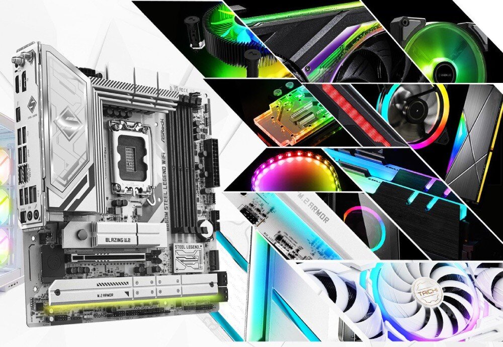 Płyta główna ASROCK B860M Steel Legend WiFi Płyta główna otoczona fragmentami komponentów komputerowych z oświetleniem RGB, takich jak karty graficzne, wentylatory i chłodzenia