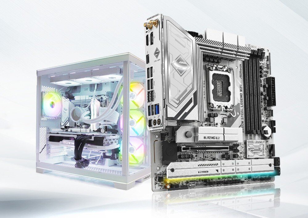 Płyta główna ASROCK B860M Steel Legend WiFi Płyta główna stojąca obok białej obudowy komputera z zamontowanymi podzespołami i oświetleniem RGB wewnątrz