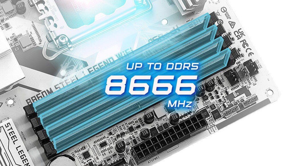 Płyta główna ASROCK B860M Steel Legend WiFi Zbliżenie na cztery sloty pamięci RAM z napisem 'UP TO DDR5 8666 MHz'