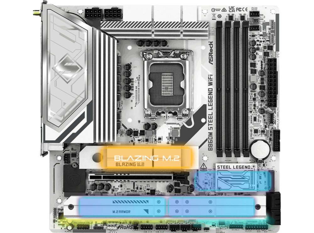 Płyta główna ASROCK B860M Steel Legend WiFi Widok płyty głównej z zaznaczonymi kolorami miejsc na złącza M.2 i sloty pamięci