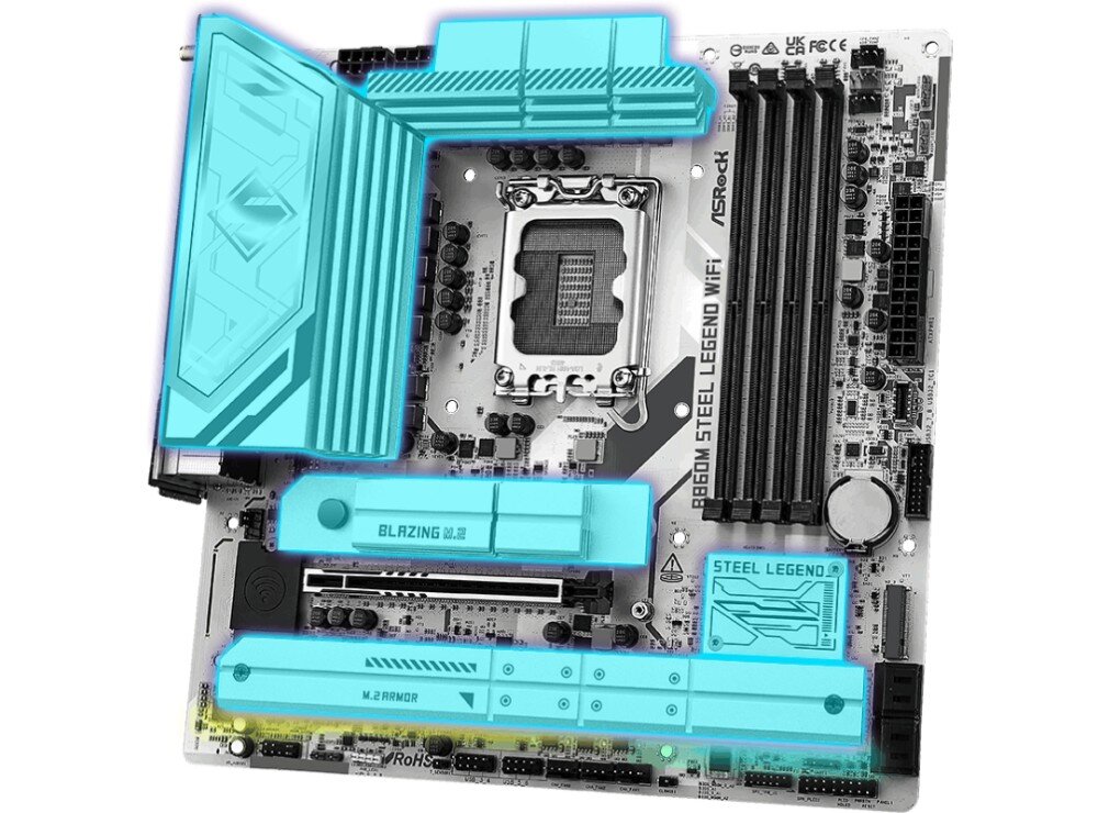 Płyta główna ASROCK B860M Steel Legend WiFi Płyta główna z podświetlonymi na niebiesko radiatorami sekcji zasilania i dysków M.2