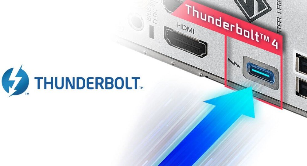 Płyta główna ASROCK B860M Steel Legend WiFi Zbliżenie na port Thunderbolt 4 typu C z niebieskim podświetleniem i napisem 'THUNDERBOLT'