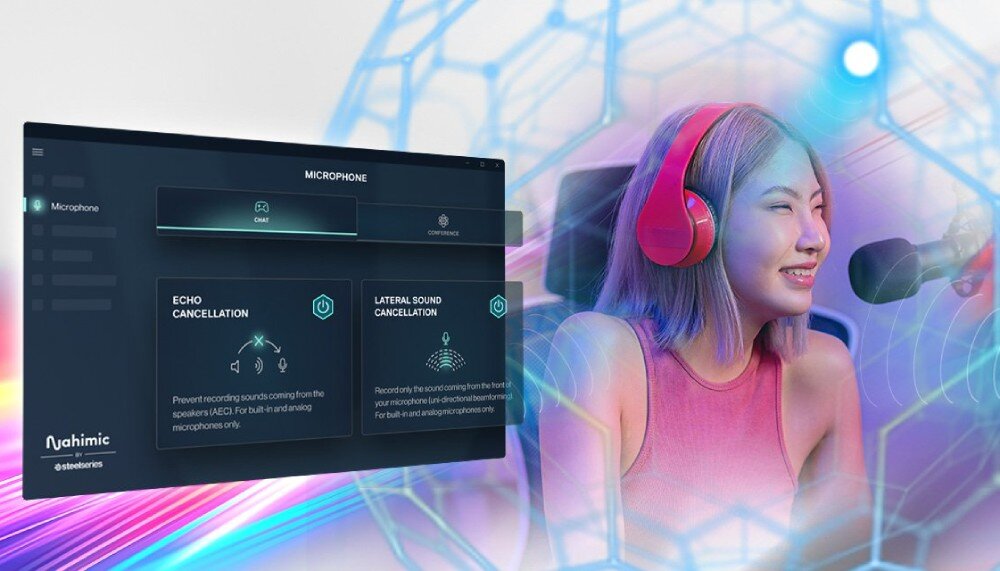 Płyta główna ASROCK B860M Steel Legend WiFi Kobieta w słuchawkach z mikrofonem na tle kolorowych świateł, obok ekran z interfejsem programu dźwiękowego z opcjami redukcji echa i szumów