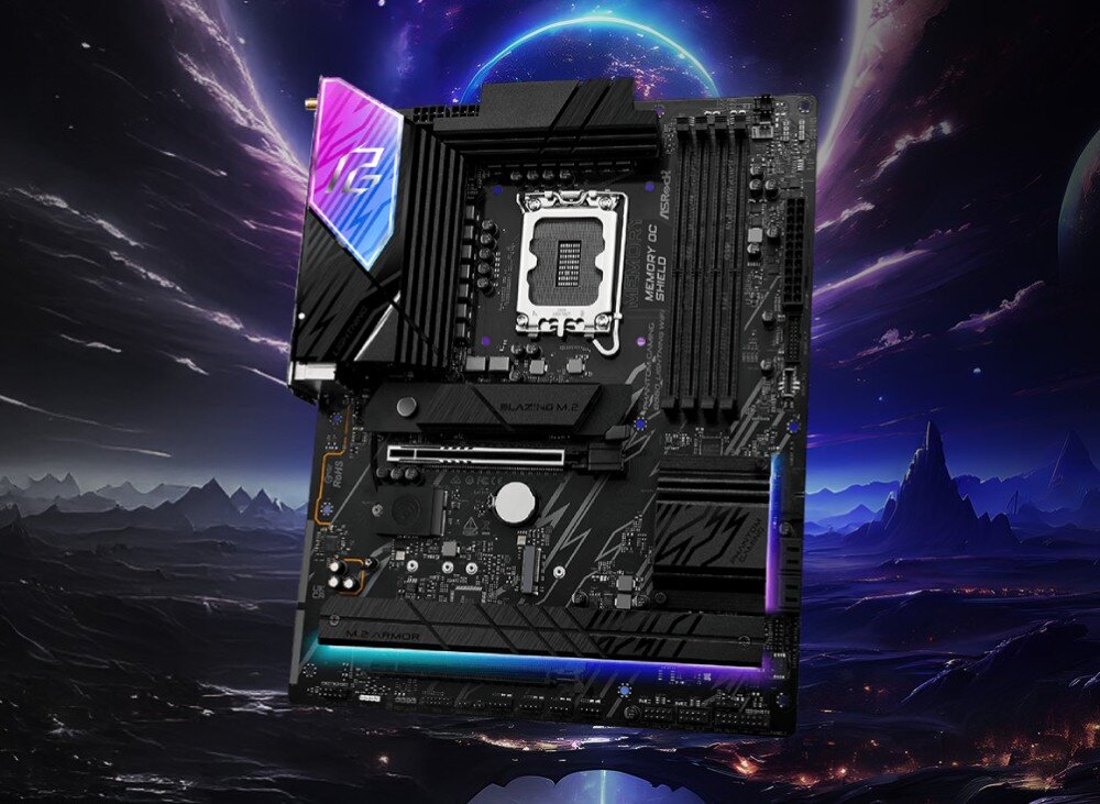 Płyta główna ASROCK B860 Lightning WiFi Płyta główna przedstawiona na tle przestrzeni kosmicznej z widoczną planetą i gwieździstym niebem