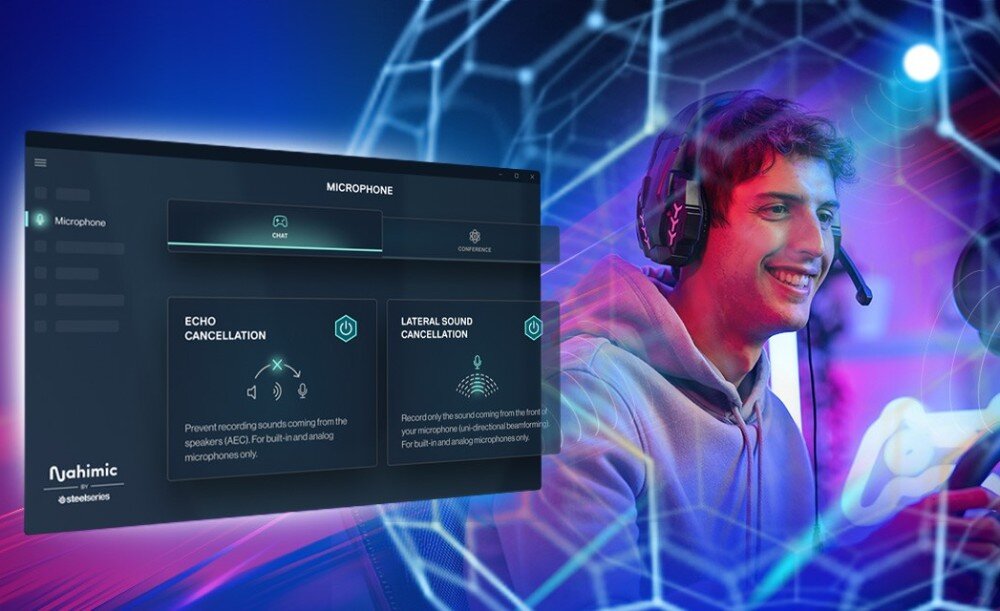 Płyta główna ASROCK B860 Lightning WiFi Uśmiechnięty gracz w słuchawkach na tle interfejsu aplikacji audio Nahimic z widocznymi opcjami konfiguracji mikrofonu i redukcji szumów