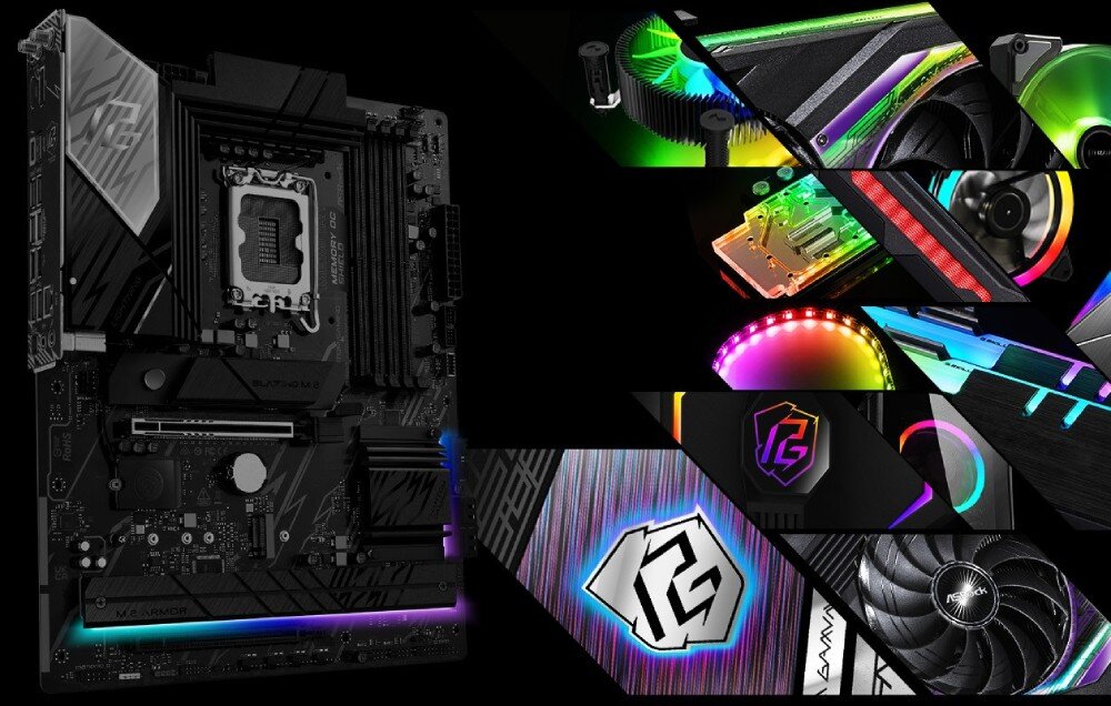 Płyta główna ASROCK B860 Lightning WiFi Kolaż zdjęć przedstawiający detale komponentów komputerowych, w tym podświetlenie RGB, wentylatory oraz elementy układu chłodzenia