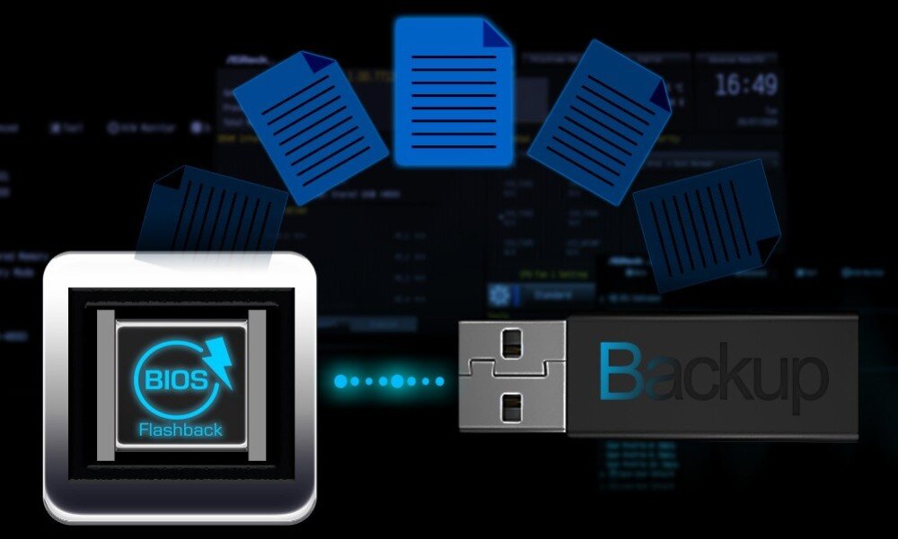 Płyta główna ASROCK B860 Lightning WiFi Grafika informacyjna funkcji BIOS Flashback ukazująca pamięć USB i schemat przesyłania pliku do układu na płycie głównej