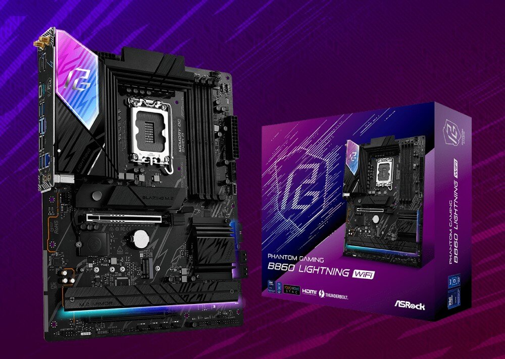 Płyta główna ASROCK B860 Lightning WiFi Płyta główna ustawiona pionowo obok swojego oryginalnego opakowania handlowego utrzymanego w fioletowej kolorystyce