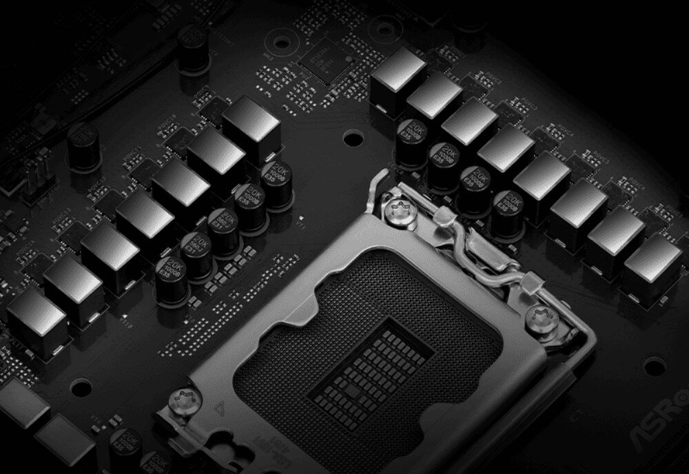 Płyta główna ASROCK B860 Lightning WiFi Makrofotografia gniazda procesora na płycie głównej otoczonego rzędami kondensatorów i dławików sekcji zasilania