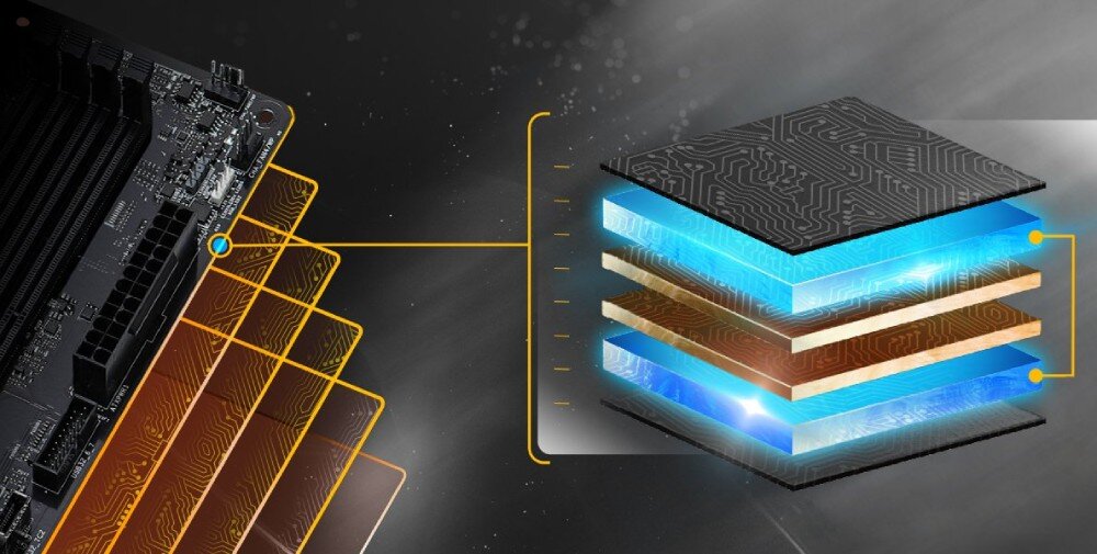 Płyta główna ASROCK B860 Lightning WiFi Przekrój warstwowy laminatu PCB demonstrujący miedziane ścieżki i wielopoziomową strukturę wewnętrzną płyty