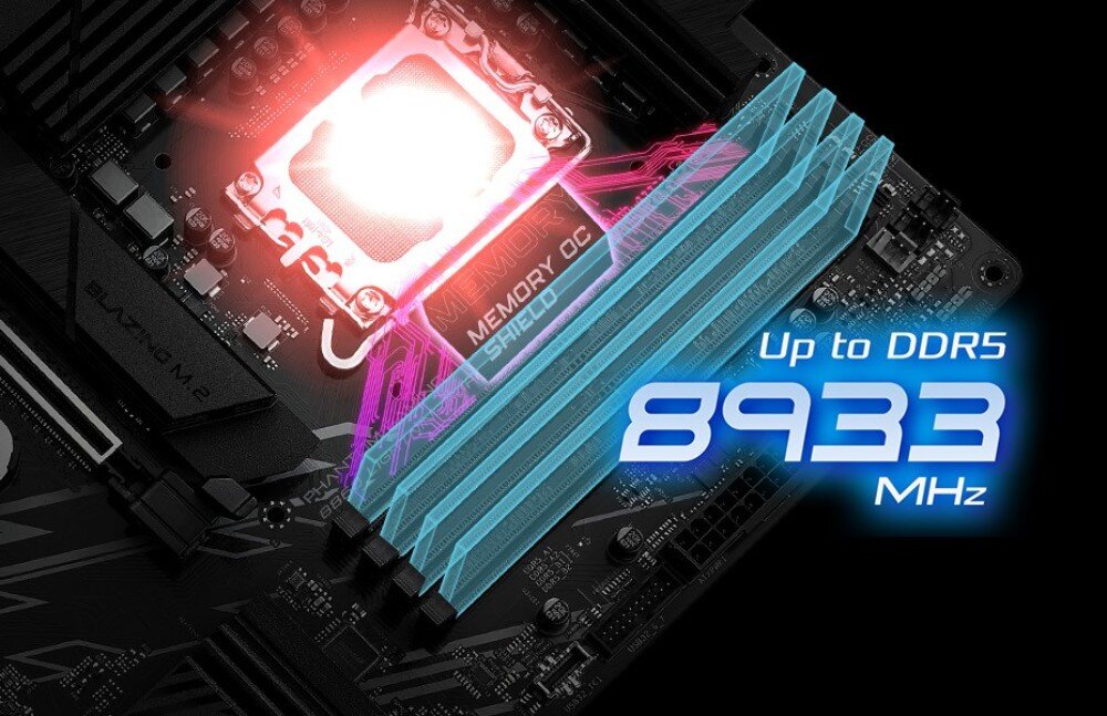 Płyta główna ASROCK B860 Lightning WiFi Zbliżenie na sloty pamięci RAM z nałożonym jasnoniebieskim napisem 'Up to DDR5 8933 MHz' informującym o obsłudze szybkiej pamięci