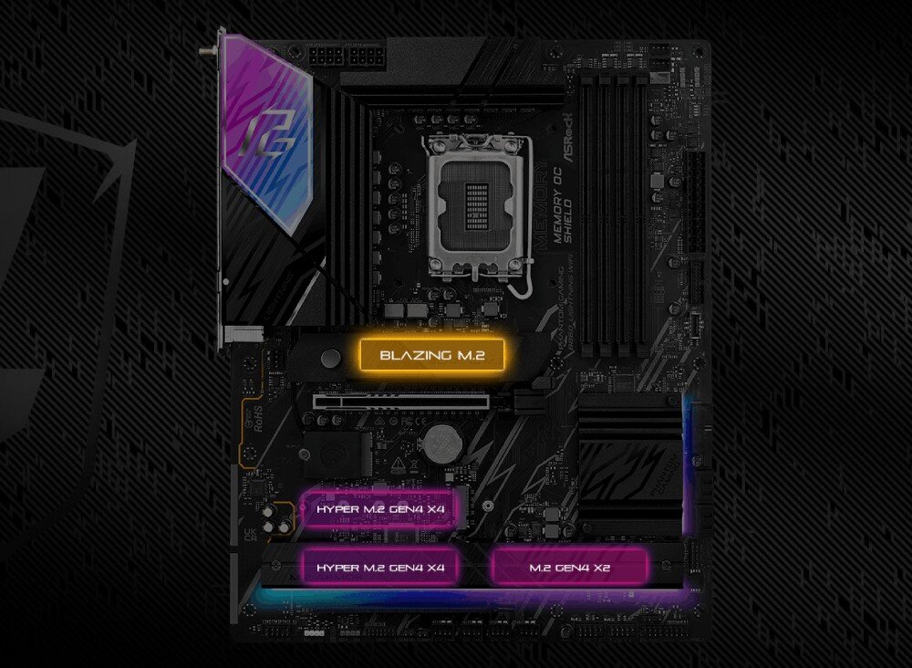 Płyta główna ASROCK B860 Lightning WiFi Płyta główna z podświetlonymi neonowo lokalizacjami złącz dla dysków SSD z napisami 'Blazing M.2' oraz 'Hyper M.2'