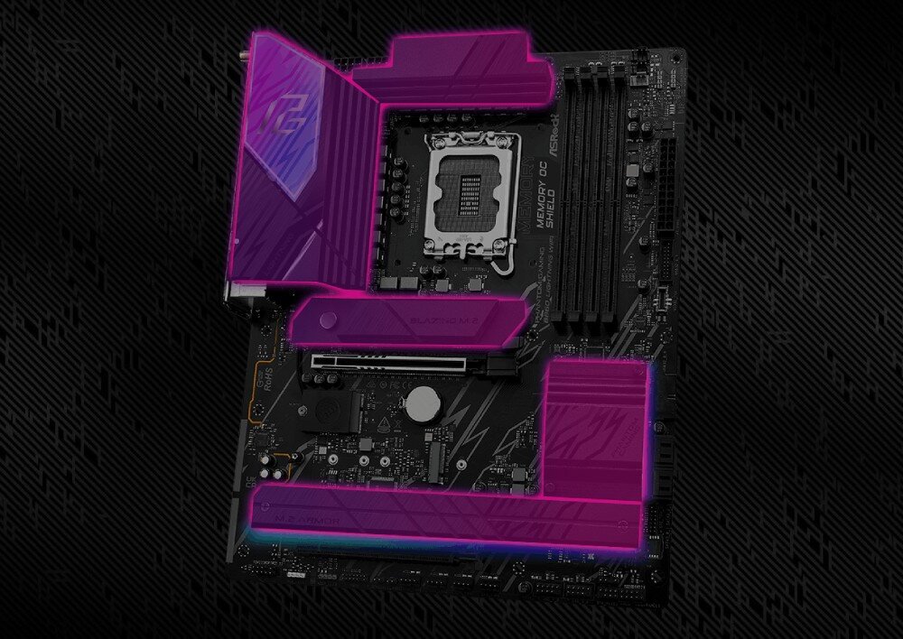 Płyta główna ASROCK B860 Lightning WiFi Płyta główna widoczna z góry z naniesionymi różowymi i fioletowymi podświetleniami wskazującymi na radiatory i osłony portów