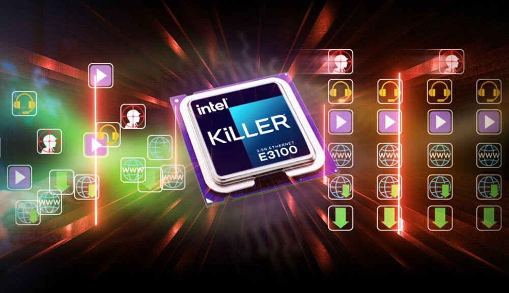 Płyta główna ASROCK B860 Lightning WiFi Zbliżenie na chip sieciowy Intel Killer E3100 z graficznym tłem przedstawiającym ikony multimedialne i strumienie danych