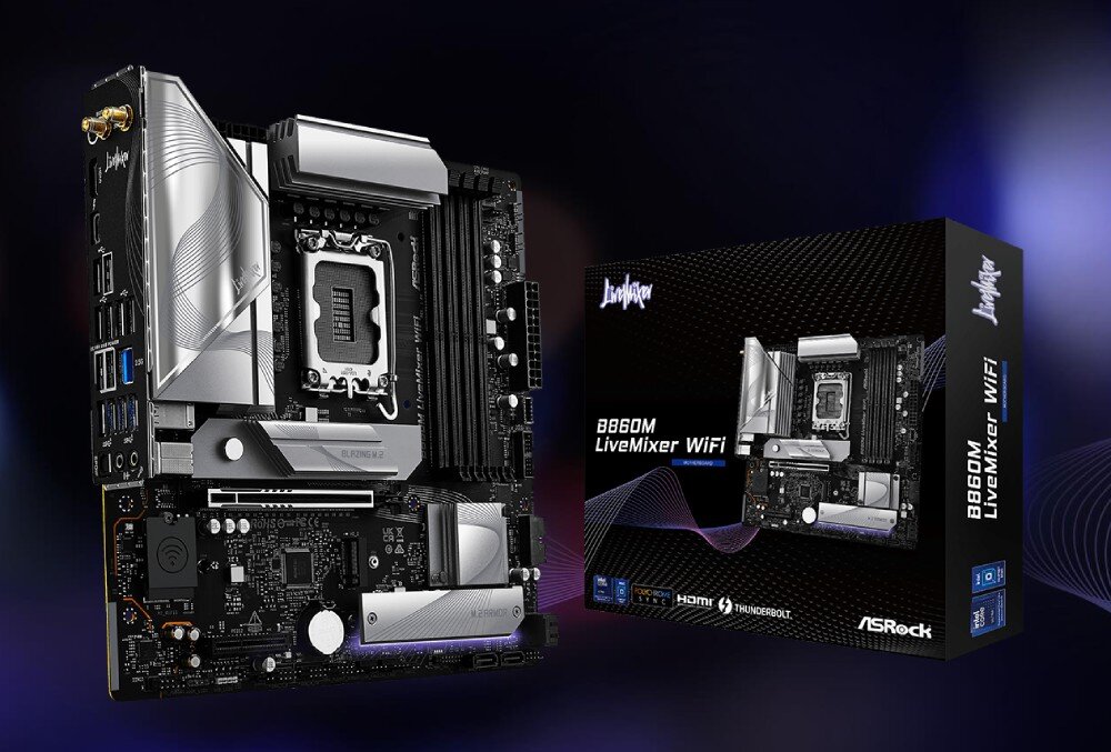 Płyta główna ASROCK B860M LiveMixer WiFi Płyta główna zaprezentowana w pionie obok czarnego pudełka z logotypem LiveMixer, procesory, kompatybilność