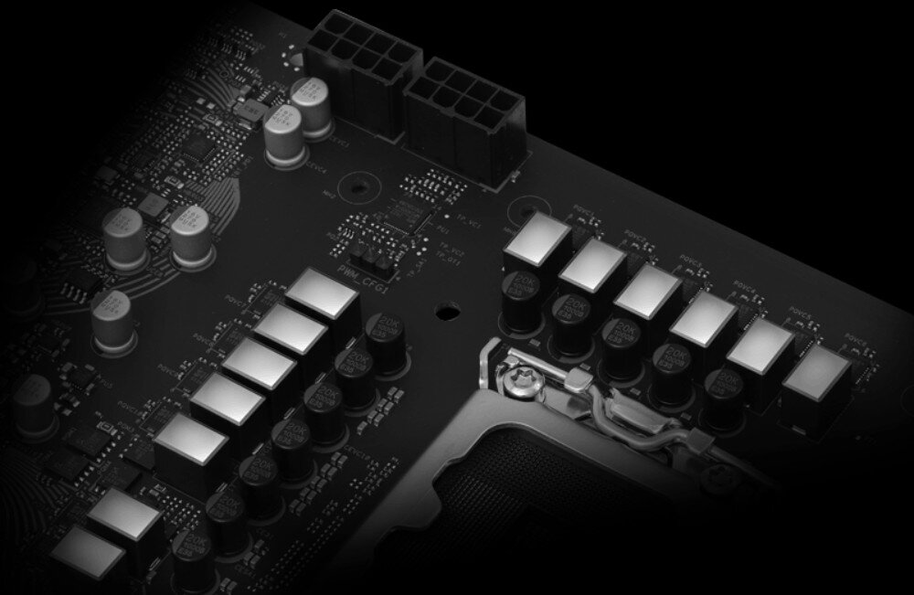 Płyta główna ASROCK B860M LiveMixer WiFi Monochromatyczne zbliżenie na elementy elektroniczne sekcji zasilania płyty głównej wokół gniazda procesora, sekcja zasilania, komponenty