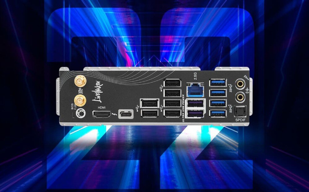 Płyta główna ASROCK B860M LiveMixer WiFi Panel portów wejścia i wyjścia płyty głównej zawierający złącza USB audio wideo oraz sieciowe, porty, łączność, karta sieciowa