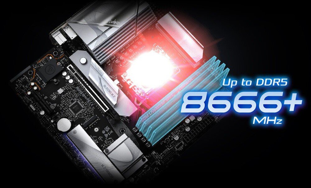 Płyta główna ASROCK B860M LiveMixer WiFi Płyta główna z zainstalowaną pamięcią RAM i świecącym napisem dotyczącym prędkości taktowania DDR5, pamięć RAM, taktowanie, interfejs