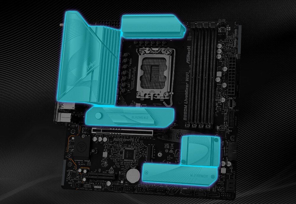 Płyta główna ASROCK B860M LiveMixer WiFi Płyta główna z graficznym wyróżnieniem aluminiowych radiatorów chłodzących w kolorze turkusowym, chłodzenie, radiatory, gniazda wentylatorów