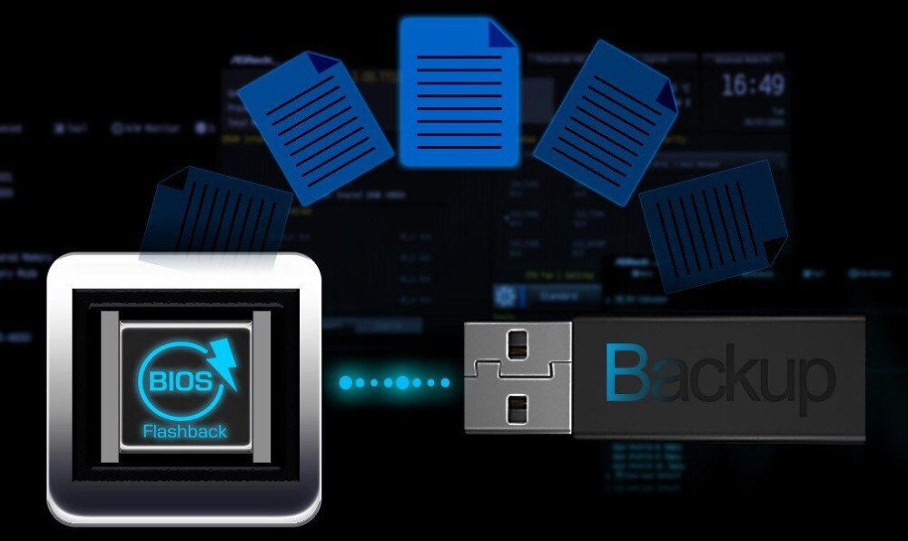 Płyta główna ASROCK B860M LiveMixer WiFi Grafika koncepcyjna przedstawiająca przesyłanie danych z nośnika USB do układu BIOS na czarnym tle, montaż, sterowniki