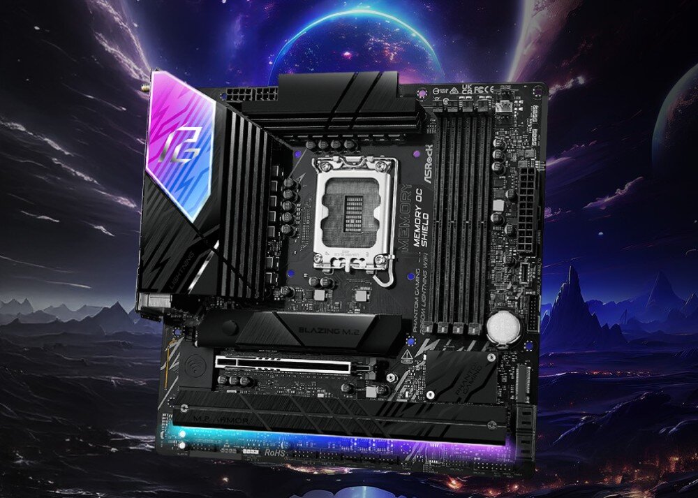 Płyta główna ASROCK B860M Phantom Gaming Lightning WiFi widok z przodu na płytę główną komputera utrzymaną w czarnej kolorystyce z ozdobnymi elementami radiatorów, opis